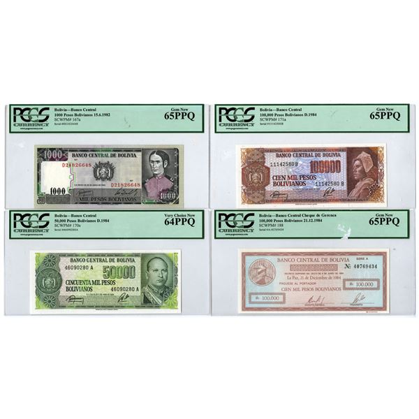 Bolivia. Banco Central de Bolivia, 1982 to 1984, Issued Banknote Quartet.