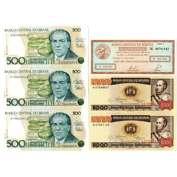 Brazil, Bolivia, Honduras, Haiti, and Nicaragua. 1984-2006. Lot of 25 Issued South American Banknote