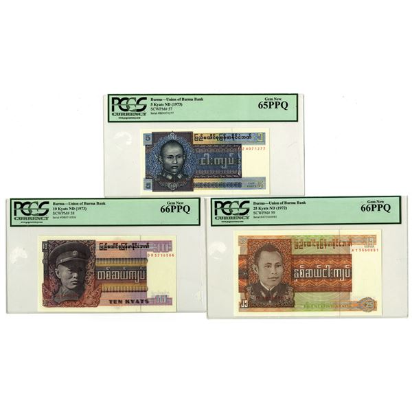 Burma. Union of Burma Bank, ND (1972) to ND (1973), Issued Banknote Trio.
