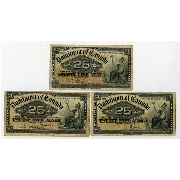 Canada. Dominion of Canada, 1900, 25 Cents, P-9a, P-9b, and P-9c, Issued Banknote Trio.