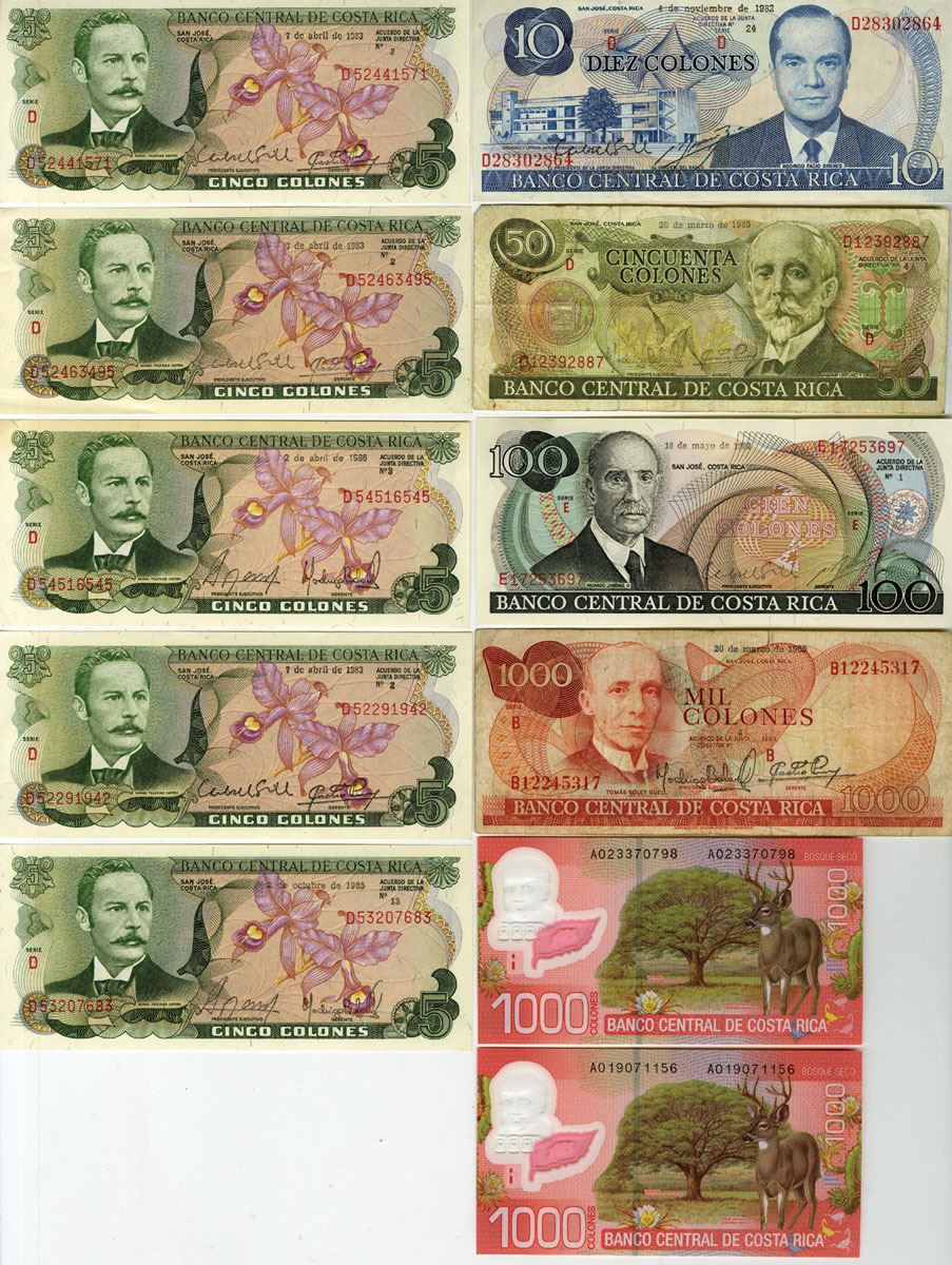Costa Rica Banknotes Set Costa Rica. Banco Central de Costa Rica, 1982 to 2009, Issued Banknote ...
