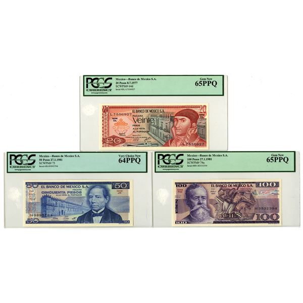 Mexico. Banco de Mexico S.A., 1977 to 1981, Issued Banknote Trio.