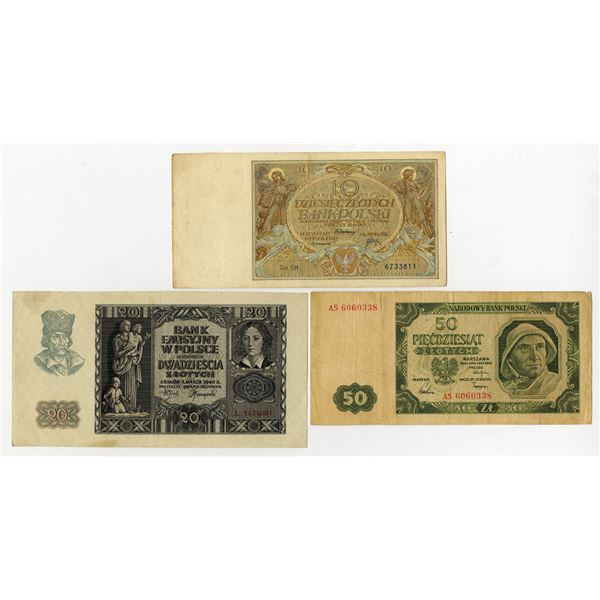 Poland. Polish Issuers, 1929 to 1948, Issued Banknote Trio.