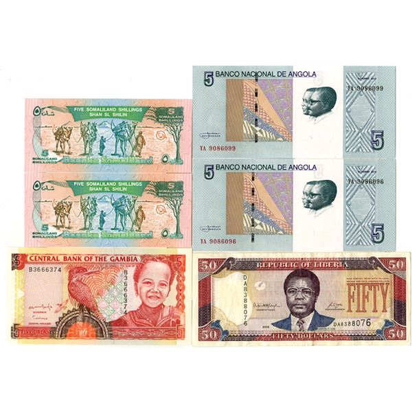 Somaliland, Gambia, Angola, Liberia, and Mauritania African Issued Banknote Collection, 1998-2018