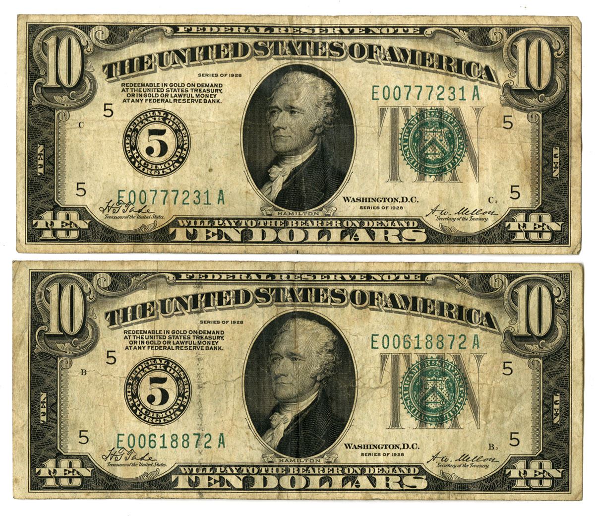 Federal Notes U.S. Federal Reserve Notes, $10, Series of 1928, Fr.#2000E, Issued ...