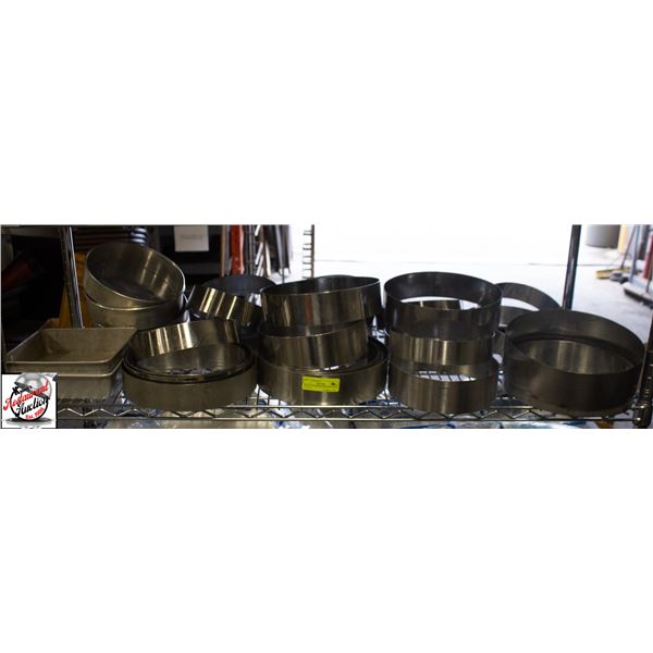 SHELF OF ASSORTED BAKING PANS & RINGS