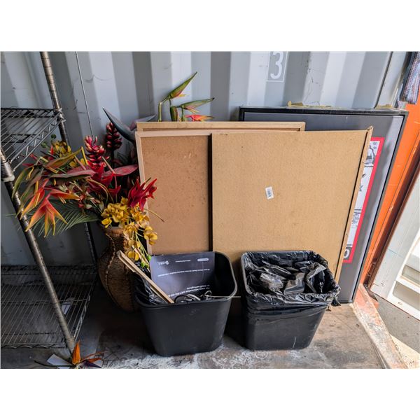 LOT OF MISC INCL: 2 TRASH CANS, 2 CORK BOARDS,