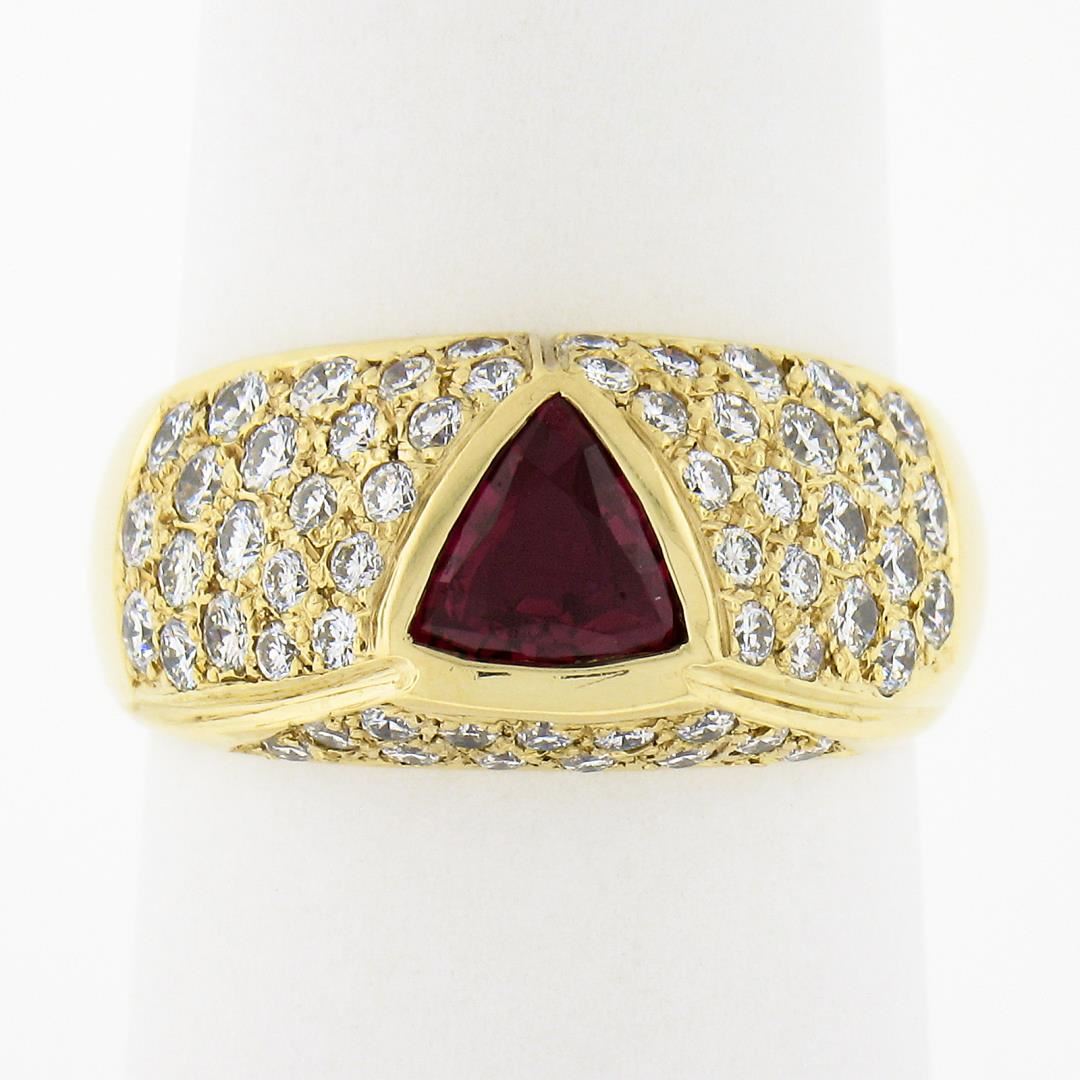 18K Yellow Gold GIA Bezel Triangular Ruby Solitaire Pave Diamond Dome ...