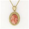 Image 2 : Vintage 14k Gold Oval Cabochon Coral Open Beaded Frame Pendant w/ Chain Necklace