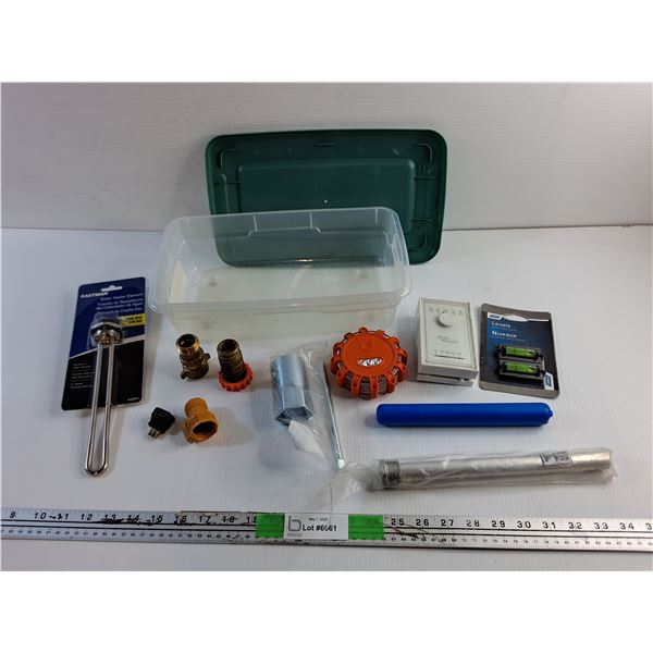 Water Heater Element, Pipe Connectors, Levels, Plastic Container and Misc