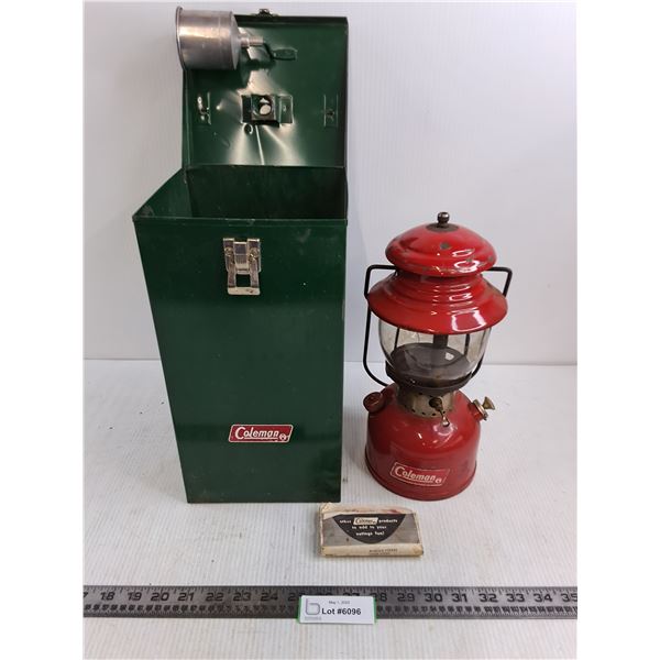 Vintage Coleman Gas Lantern 4/66 with Original Metal Tote 7" x 7" x 13"-cracked globe