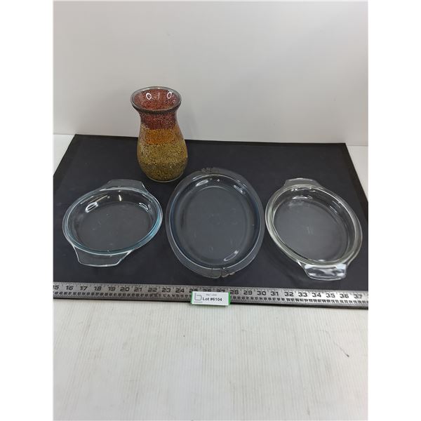 Cracked Glass Multi-Colored Vase, Glass Platter & Pyrex Lids