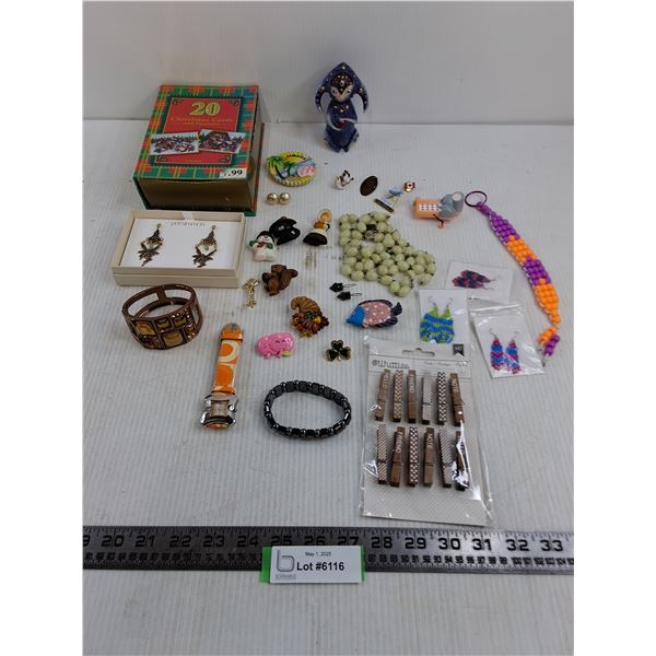Assorted Costume Jewelry, Pins, Magnets, Magnetic Bracelet