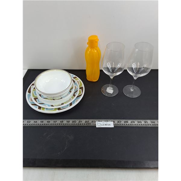 Corelle Dishes, Wine Glasses, Tupperware Bottle