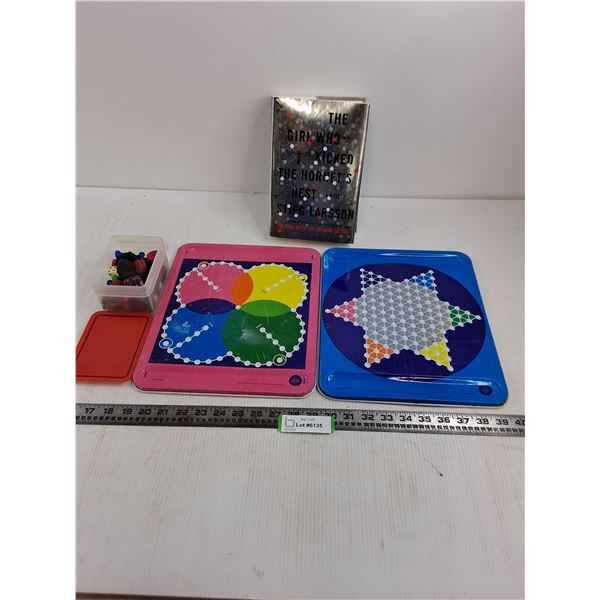 (2) Vintage Metal Games with Container of Game Pieces, Book "The Girl Who Kicked the Hornet's Nest"