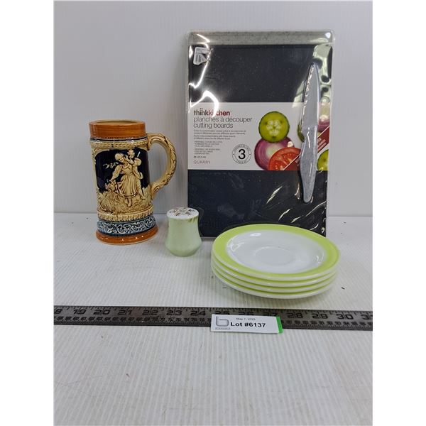 Kitchen/Dining Items (Sealed Cutting Boards Set, 4 Pyrex Plates, German Beer Stein)