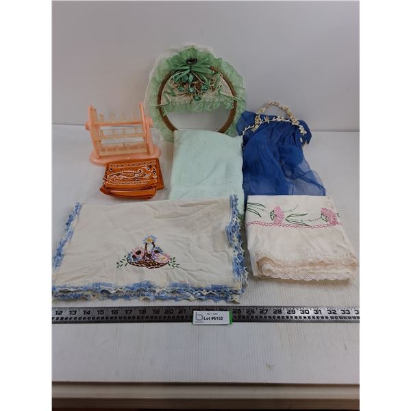 Vintage Linens Lot (Sewing Rolodex, Veil, Table Runners)