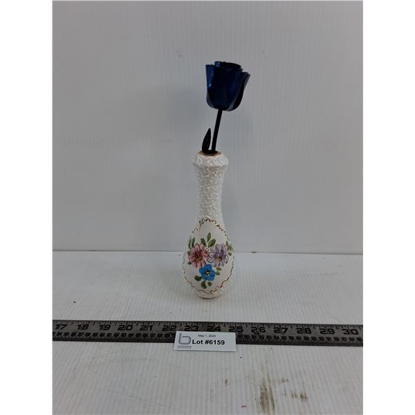 Vintage Metal Blue Rose in Porcelain Vase - 11" Tall
