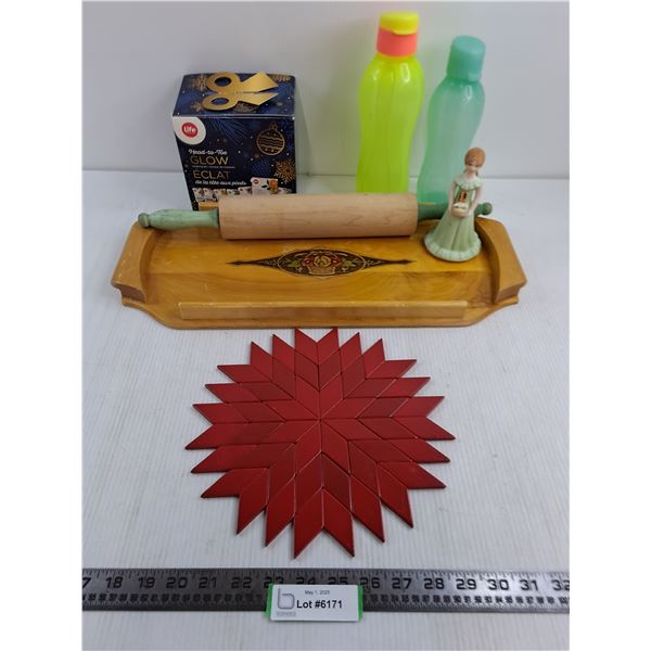 Vintage Wooden Tray, Rolling Pin, Hot Place Set, Life Masking Kit - Unopen, Bottles, Ornament