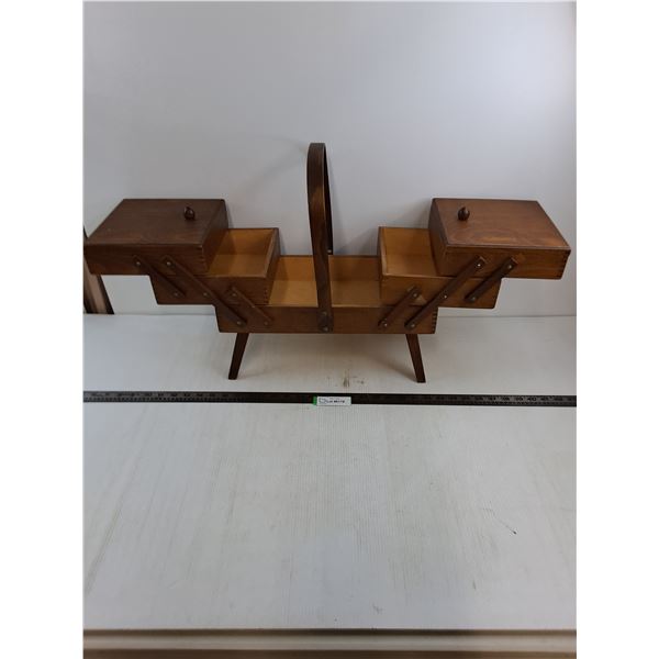 Vintage Wooden Sewing Basket Table - 33" Fully Open