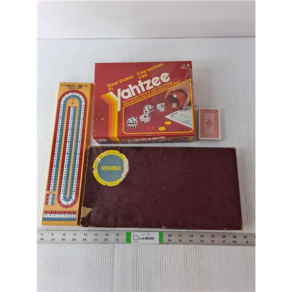 Yahtzee,Scrabble,Crib Board and Deck of Cards