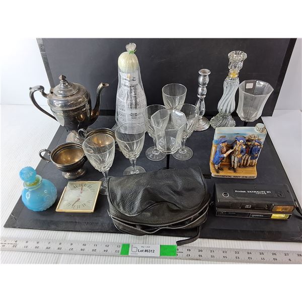 Copper Plated Teakettle & (2) Cups, (2) Candlestick Holders, Food Chopper, Misc.