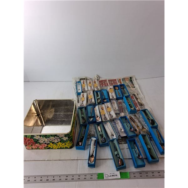 Storage Tin & Vintage Souvenir Spoons