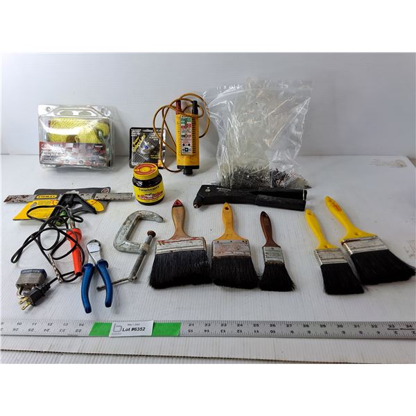 Tools Lot- (5) Paintbrushes, Nails, Vol-Con tester, Misc.