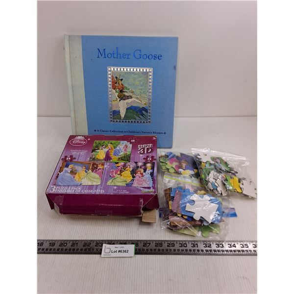 Mother Goose Hard Cover Book & Disney Princess Jigsaw Puzzle Pack