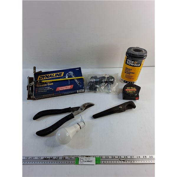 Mini Pistol Grease Gun, Shears, Light Bulb, Caster Wheels, Measuring Tape and Cleaning Wipes