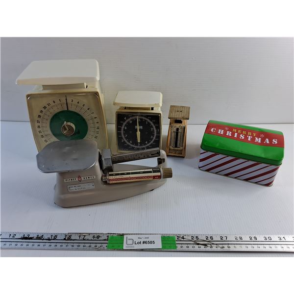 (4) Various Vintage Scales and Christmas Tin Box
