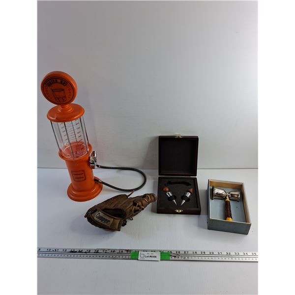 Liquor Dispenser, Baseball Glove, Jigger and Wine Stopper