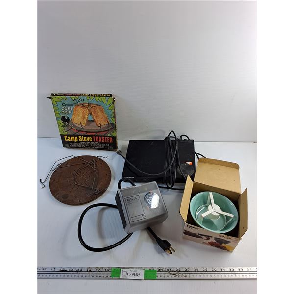 Vintage Camp Stove Toaster, Fondue Set, Block Heater Timer and Blu Ray Reader - As Is
