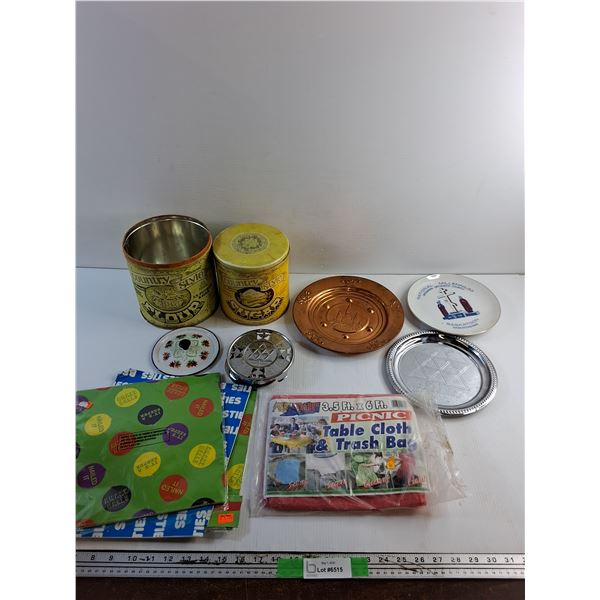 Vintage Flour Tins, Decorative Plates and Serving Trays, Table Cloth and Gift Wrappers