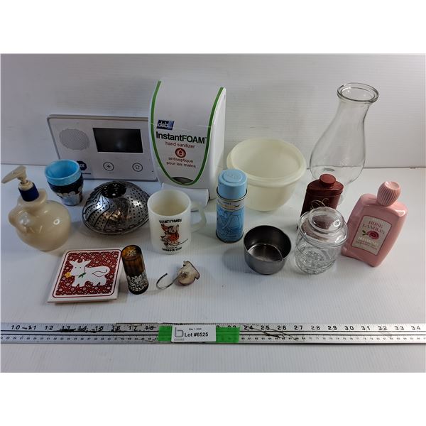 Glass Vase, Strainer, Soap Dispenser, Avon Foot Spray, Plastic Bowl, Flintstones Mug and Misc