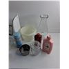 Image 4 : Glass Vase, Strainer, Soap Dispenser, Avon Foot Spray, Plastic Bowl, Flintstones Mug and Misc