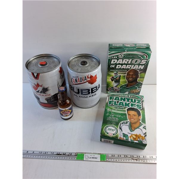 Saskatchewan Roughriders Collectors Cereal Boxes, Bubba Kegs and Great Western Beer Bottle - Empty