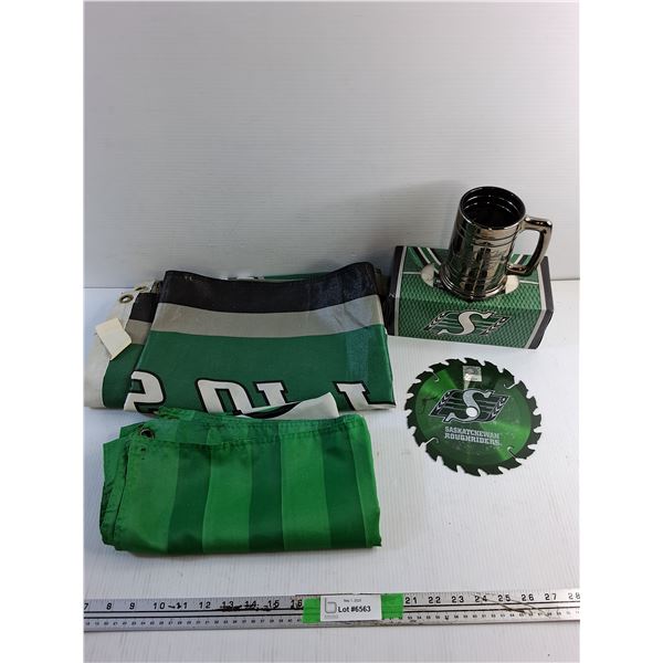 Saskatchewan Roughriders Collectors Flags, Beerstein, Circular Blade and Tissues