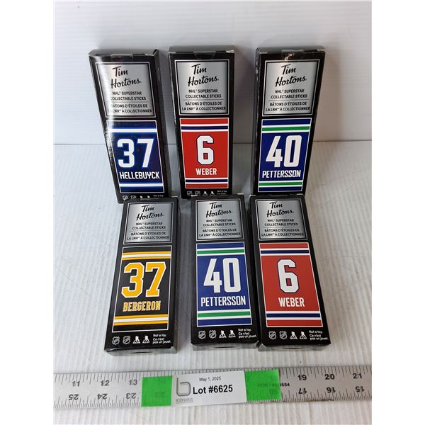 (6) Tim Horton's Sealed NHL Superstar Collectible Sticks- Pettersson, Weber, Bergeron, Hellebuyck