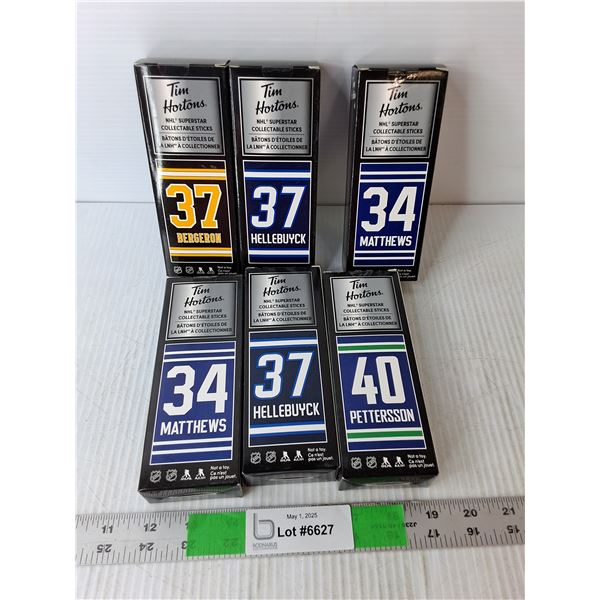 (6) Sealed Tim Horton's NHL Superstar Collectible Sticks- Pettersson, Bergeron, Hellebuyck, Matthews