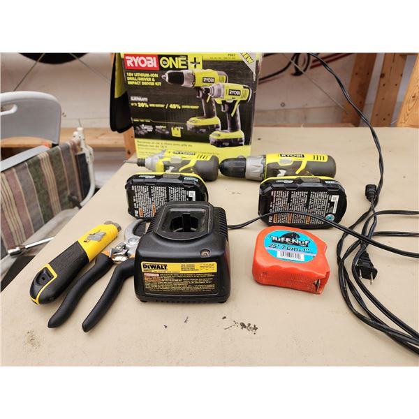 606 -- RYOBI DRILL/DRIVER & IMPACT DRIVER KIT, VARIETY OF WOOD SAWS, DIAL CALIPER AND MORE ASSORTED 