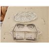 Image 11 : 631 -- ALABASTER JEWELLERY BOX, HANDPAINTED BIRD BUSTS, VINTAGE GLASS INK WELL, HAND MADE DOILLIES A
