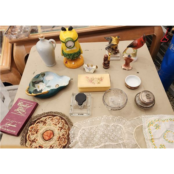 631 -- ALABASTER JEWELLERY BOX, HANDPAINTED BIRD BUSTS, VINTAGE GLASS INK WELL, HAND MADE DOILLIES A