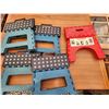 Image 1 : 642 -- 5 FOLD UP FOOT STOOLS AND BOX OF ASSORTED LIGHT BULBS