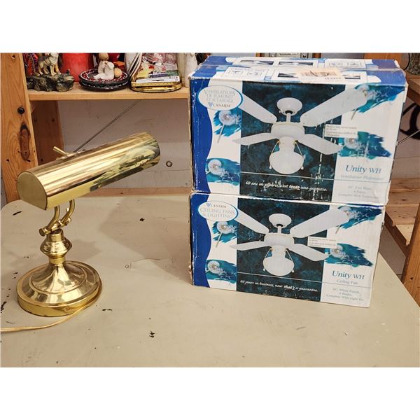 423 -- TWO CEILING FANS/LIGHTS, BRASS TABLE LAMP, AND TOTAL BODY EXCERCISER