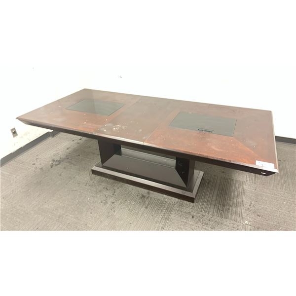 MAHOGANY FINISH DINING TABLE W/LEAF AND GLASS INSERTS -APPROX. 90" X 42"