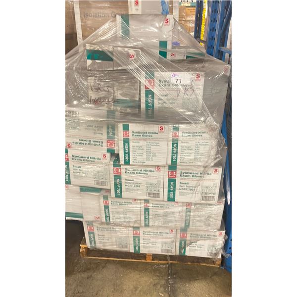 1 PALLET OF SYNGUARD NITRILE EXAM GLOVES SZ. SMALL - APPROX 75 BOXES/1000 PCS. PER BOX