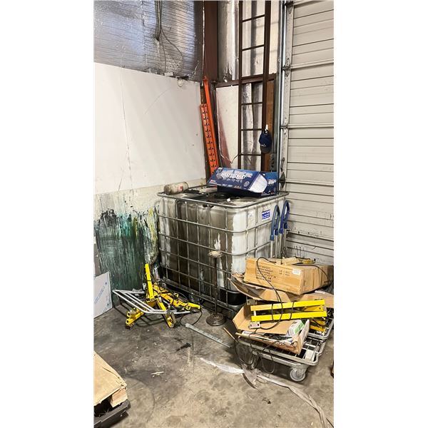 PLASTIC LIQUID CAGED STORAGE TOTE AND ASSORTED MISCELLANEOUS