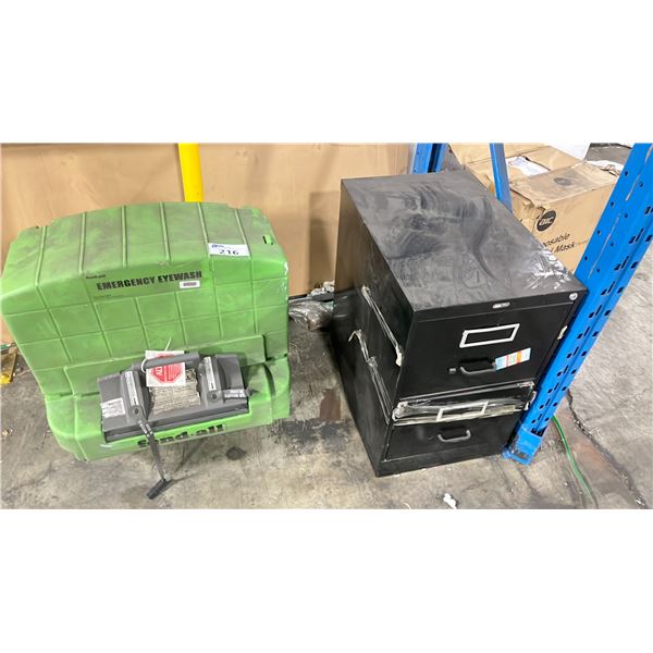 EMERGENCY EYEWASH STATION, RETAIL DISPLAYS AND 2 DRAWER BLACK FILING CABINET