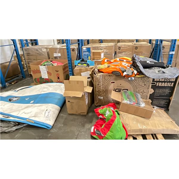 LARGE GROUP OF ASSORTED WATER SPORT INFLATABLES/CAMPING ITEMS/ETC.